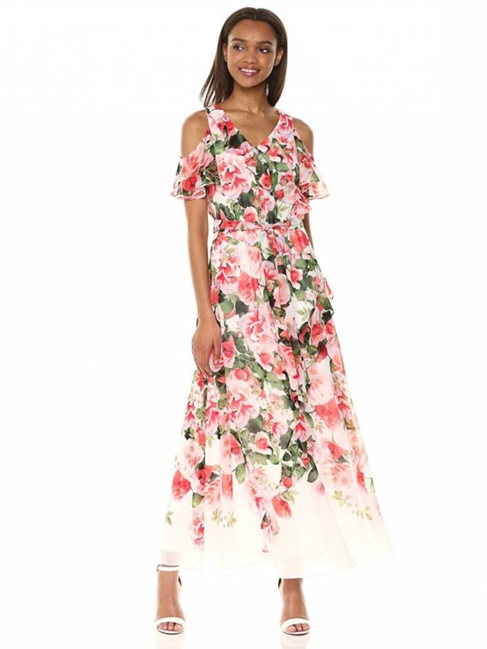 NWT Calvin Klein Pink & Green Floral Ruffle Cold-Shoulder Maxi Dress